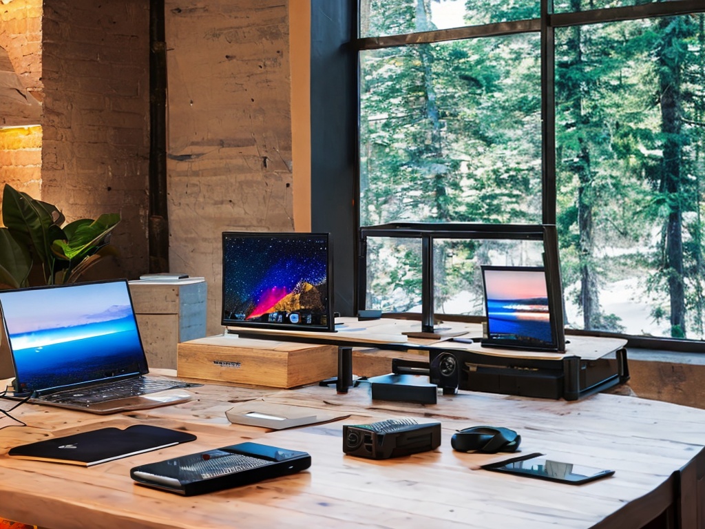 RAW photo, a workstation featuring the SK5 IP router in use, surrounded by gadgets like laptops and smartphones, emphasizing the high-tech lifestyle, soft ambient room lighting, 8k UHD resolution, high-quality, film grain texture for realism