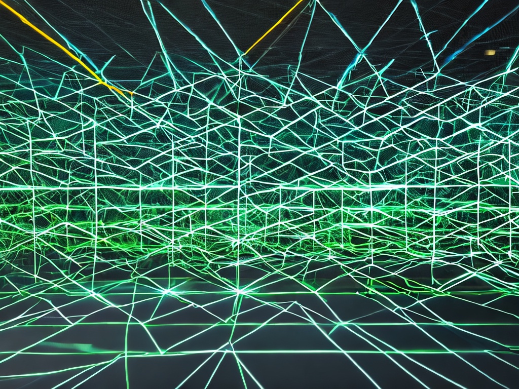 RAW photo, an abstract representation of internet security, featuring a graphic of layered web connections and proxy nodes, illuminated with blue and green neon lights in a dark environment, 8k UHD resolution, high quality, capturing a futuristic feel, taken with a Nikon Z7 II