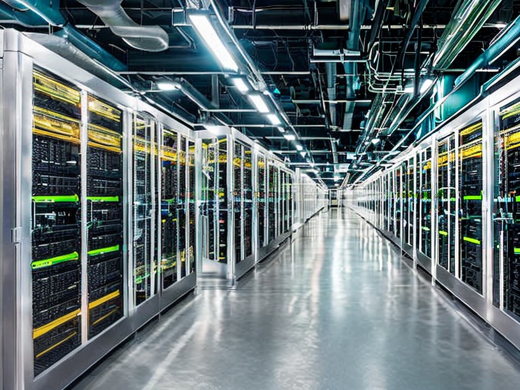 RAW photo, a wide shot of a modern data center filled with servers and networking equipment, showcasing advanced technology in a clean, organized space, soft ambient lighting enhancing the high-tech vibe, 8k UHD, high resolution image, captured with a Sony A7R IV