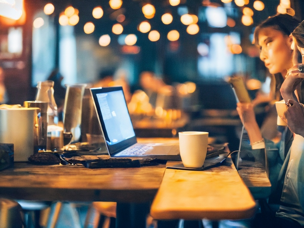 RAW photo, an aesthetic shot of a person using a laptop in a café, with proxy IP settings on the screen and an artistic bokeh background, creating an atmosphere of modern digital anonymity, warm lighting, 8k uhd, high quality, realistic photo, high detail