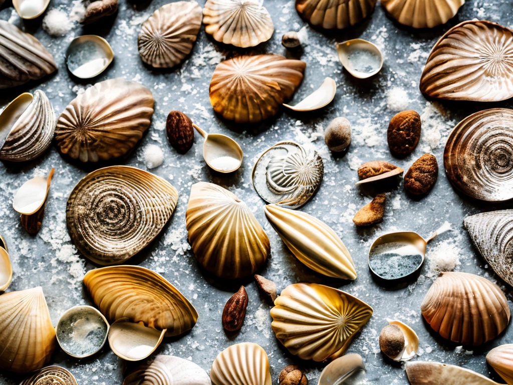 RAW photo, an abstract composition featuring multiple shells arranged artistically on a reflective surface, playing with light and shadow to create a visually captivating image, 8k uhd resolution, high quality, Fujifilm XT4