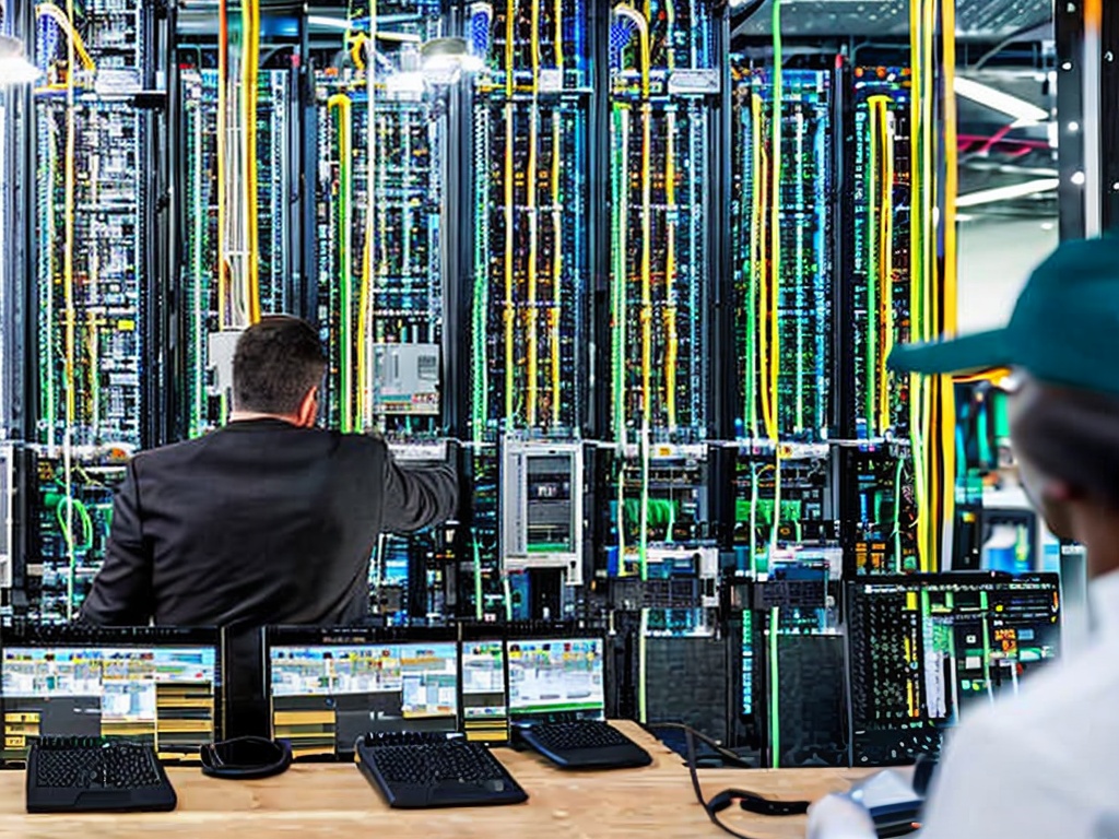 RAW photo, a network engineer configuring an HTTP proxy service on a laptop, surrounded by network cables and servers in a data center setting, capturing the technical process of setting up the proxy, realistic and detailed image, high quality, 8k UHD resolution, Fujifilm XT4