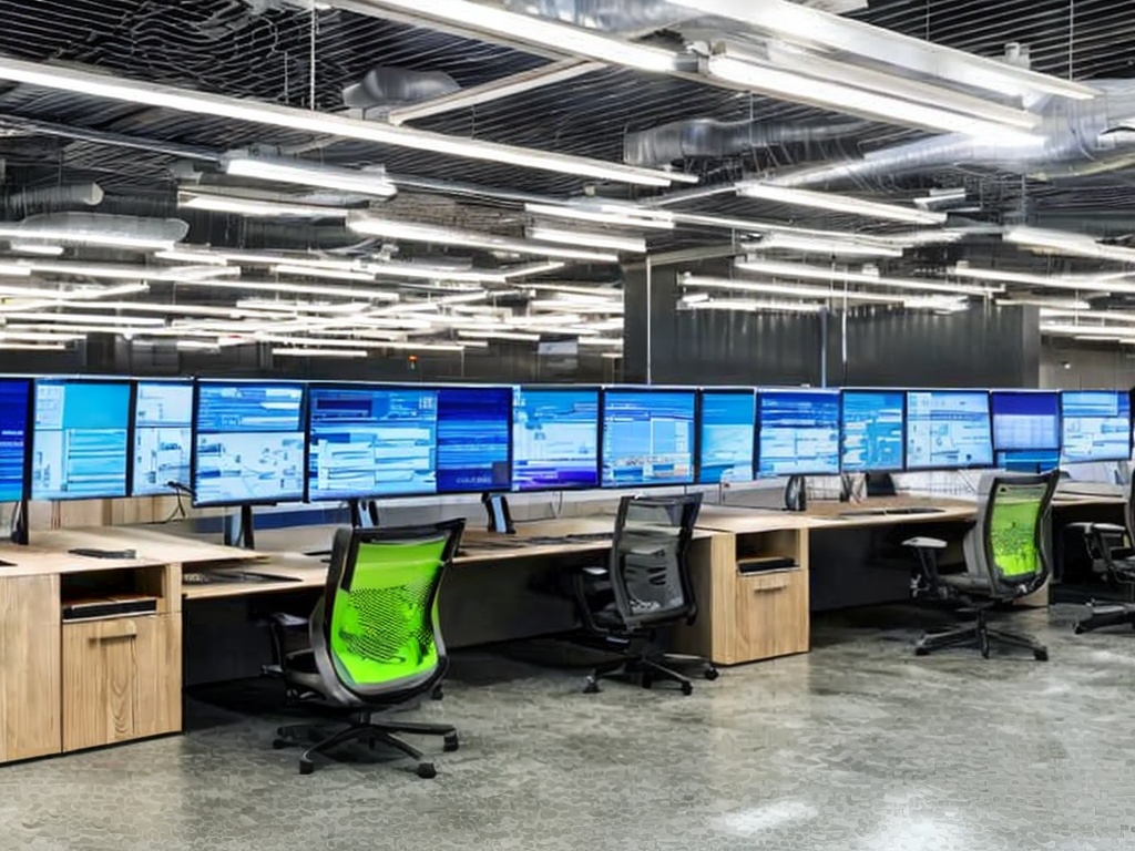 RAW photo, a conceptual image of a proxy server setup in a corporate network setting, showcasing network cables, routers, and data traffic visualization on multiple screens, modern tech environment with a blend of digital and physical elements, 8k uhd resolution, realistic, detailed, Adobe Lightroom