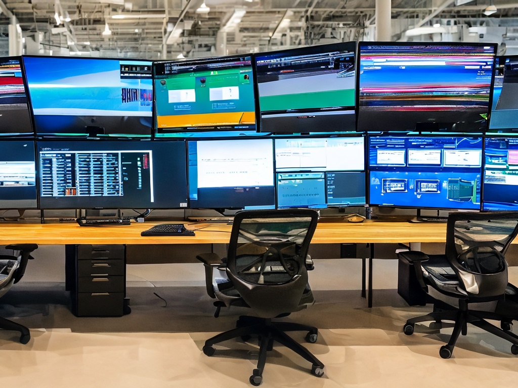 RAW photo, an office setup featuring multiple monitors showing complex networking protocols and diagrams for IPv4 proxies, ambient lighting highlighting the workspace, high resolution, 8k UHD, capturing the intricate details of technology