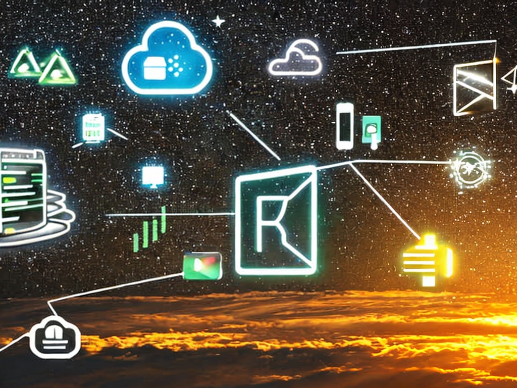 RAW photo, a futuristic representation of cloud computing technology, showcasing interconnected cloud icons and digital networks against a dark background, with glowing effects and high contrast, 8k UHD, high quality, photorealistic, subtle film grain, captured with a high-end DSLR camera