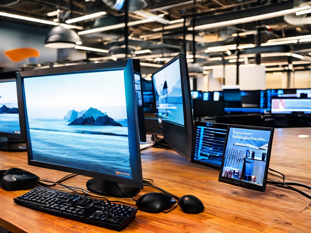 RAW photo of a modern workstation setup featuring a sleek computer monitor displaying a network diagram related to proxy management in a Windows environment, with a blurred background of office equipment, 8k UHD, realistic photo, soft diffused lighting, high quality