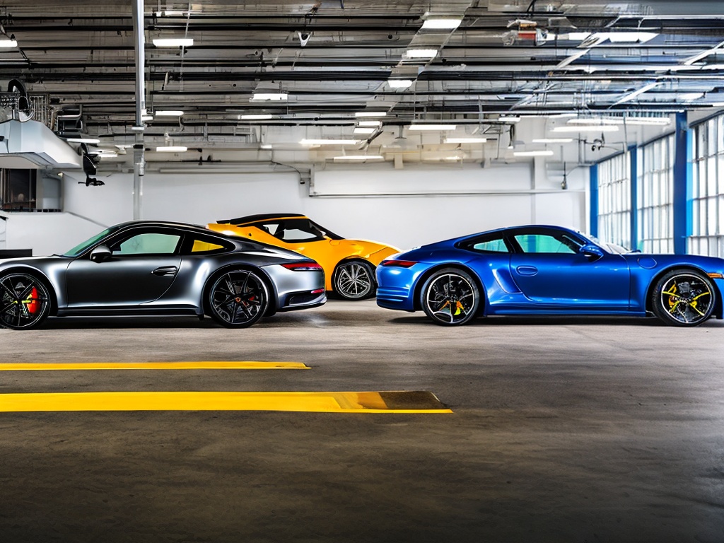 RAW photo, a stunning car comparison featuring a Porsche 911 S5 alongside a rival sports car, both showcased in a modern showroom with reflective floors, dramatic lighting highlighting their sleek designs, 8k UHD resolution, high quality, capturing the essence of automotive luxury, shot with a Nikon Z7