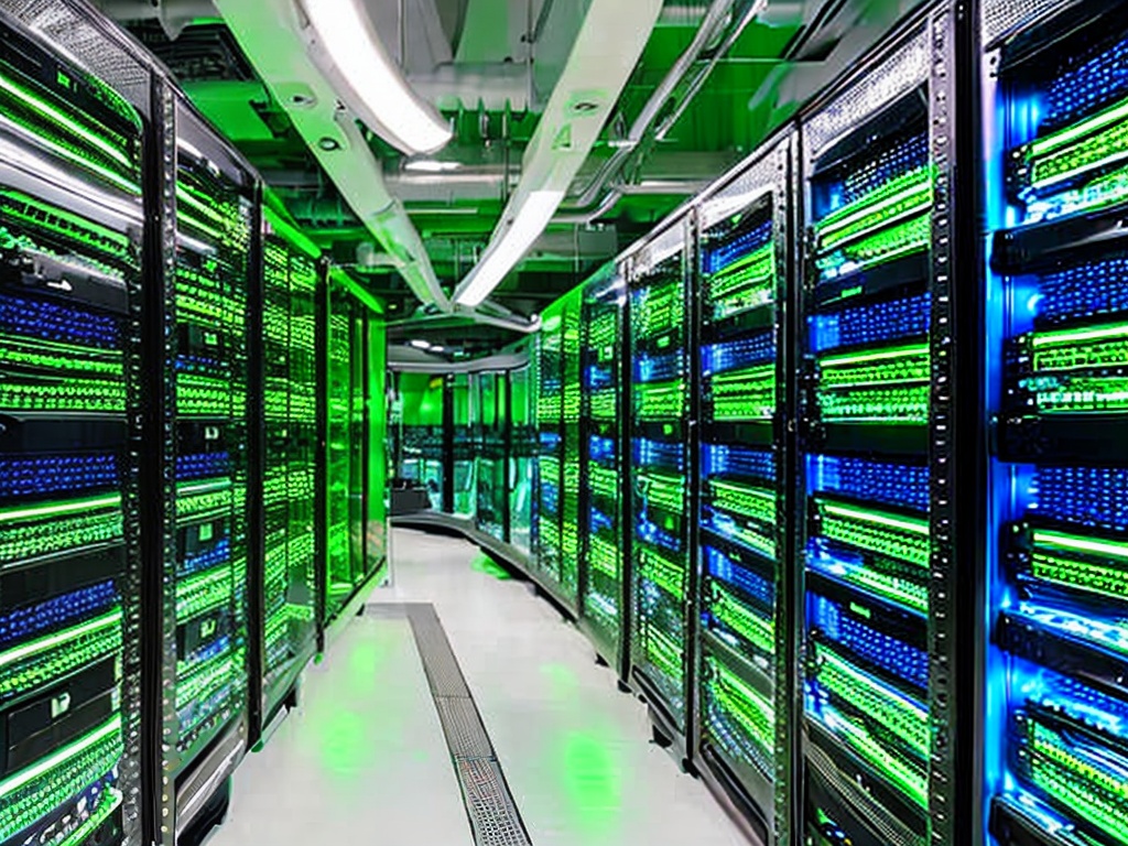 RAW photo, a close-up of a computer server room featuring multiple node servers arranged on racks, blue and green LED lights illuminating the equipment, high dynamic range, 8k UHD, capturing intricate details and a modern technological aesthetic