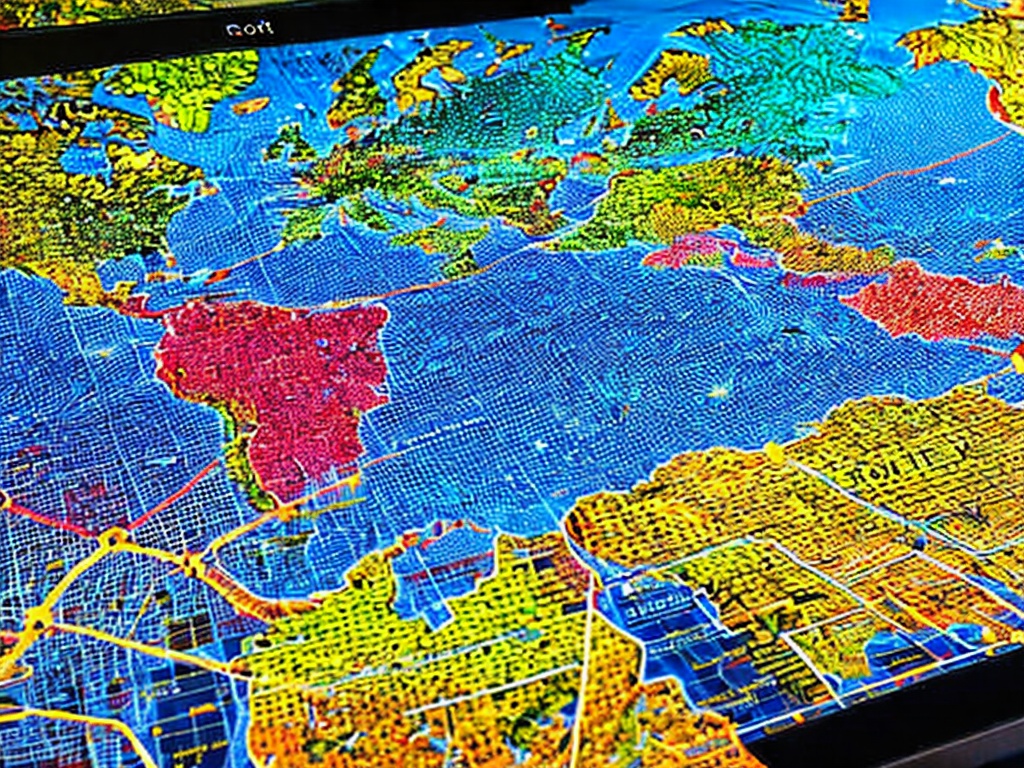 RAW photo, a close-up of a computer screen displaying a digital map of global proxy servers, with dynamic graphics showing data flow, high contrast, vibrant colors, 8k uhd, high quality, realistic photo, soft focus background