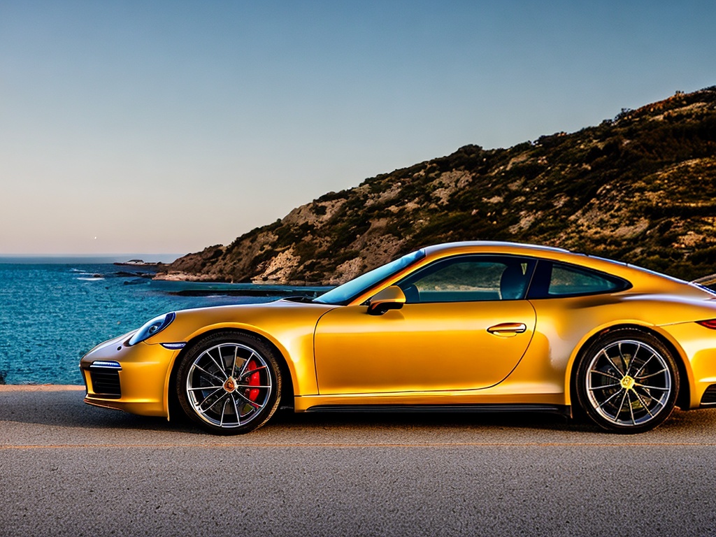 RAW photo, a side view of a sleek Porsche 911 S5 parked on a scenic coastal highway, showcasing its iconic curves and stylish design, soft sunset lighting, 8k UHD, high quality, realistic photo, film grain, captured with a Canon EOS 5D Mark IV