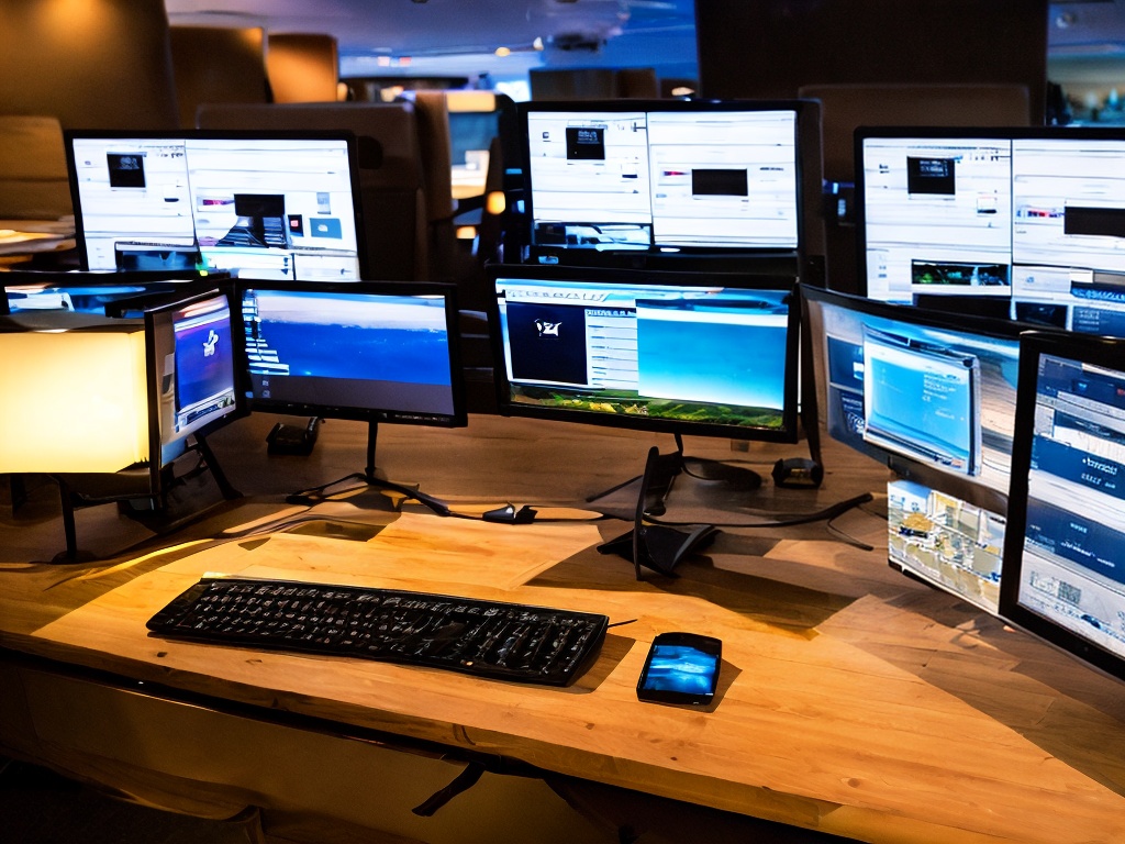 RAW photo, a computer desk setup with multiple monitors displaying network configurations and IP addresses, soft ambient lighting, 8k uhd, high quality, realistic photo, film grain, Fujifilm XT3