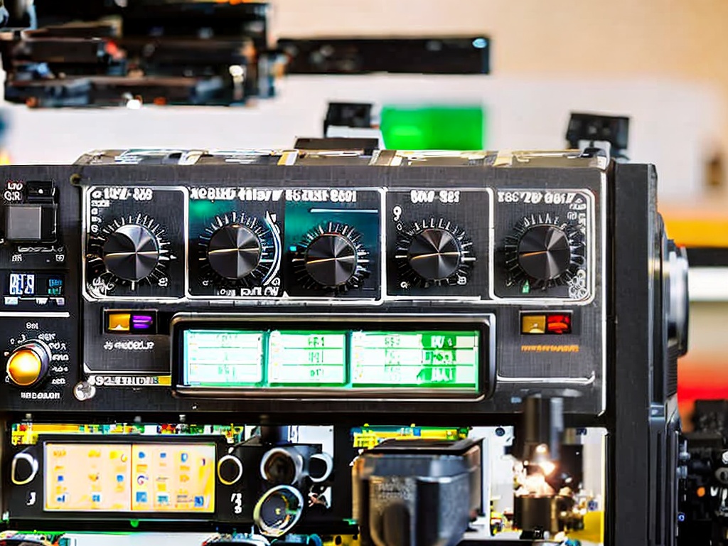 RAW photo of a close-up view of a scientific projector's control panel and lens, highlighting its detailed craftsmanship, set against a blurred background of laboratory equipment, soft natural lighting, 8k UHD, high resolution, realistic photo, capturing intricate details with a high-quality DSLR camera