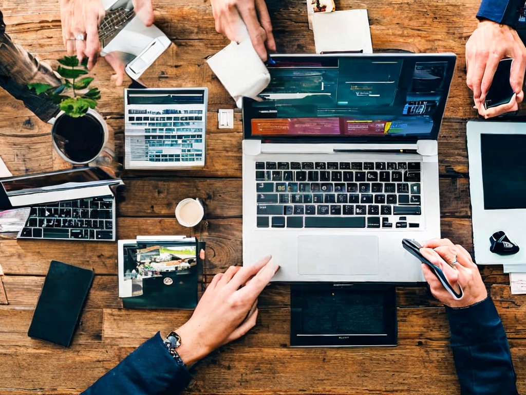 RAW photo, an overhead view of a modern workspace with a laptop showing a Windows desktop and proxy settings open on the screen, surrounded by tech gadgets and notes, well-lit with soft artificial light, 8k UHD resolution, high detail