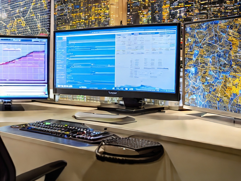 RAW photo, a close-up of a modern computer setup displaying network traffic analysis software representing an HTTP proxy service in action, illuminated screen with graphs and data, high resolution, 8k UHD, realistic ambiance, Fujifilm XT3