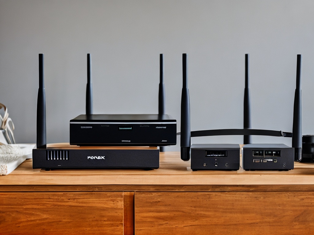 RAW photo, a close-up of a high-tech networking setup, highlighting a router with cables and proxy socks-related hardware, ambient lighting emphasizing the tech environment, 8k uhd, high quality, realistic photo