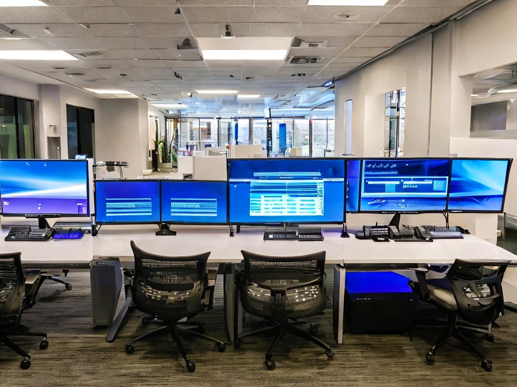 RAW photo, a sleek computer setup with multiple monitors displaying coding scripts and network analysis software, ambient blue lighting illuminating the workspace, 8k uhd, high quality, realistic photo, film grain, Fujifilm XT3