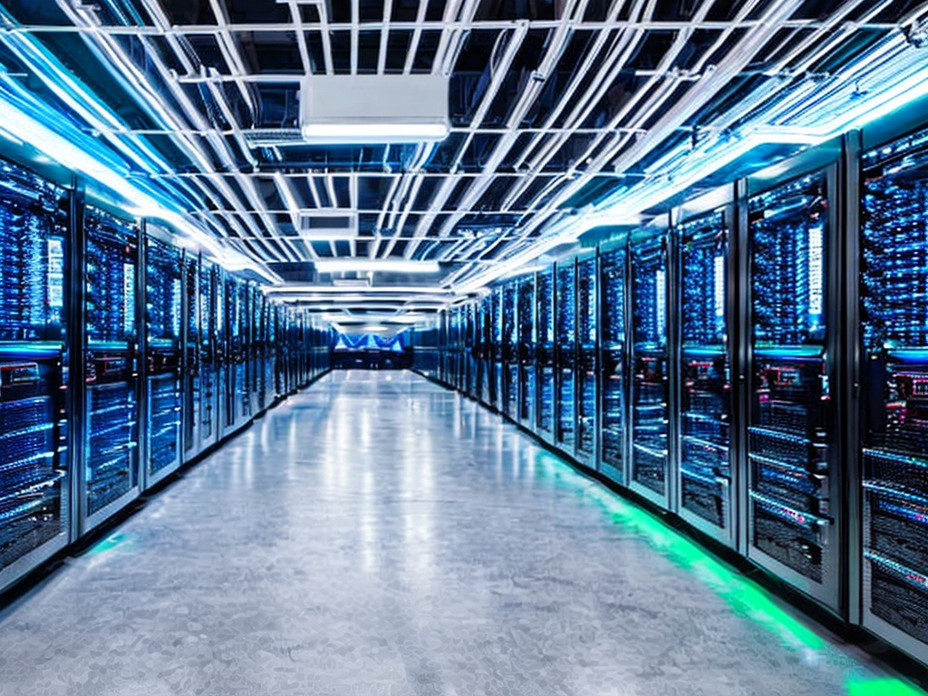 RAW photo, a modern server room displaying multiple high-tech servers and networking equipment, with dynamic blue lighting to evoke a sense of advanced technology, 8k UHD, high quality, realistic photo, subtle film grain, Fujifilm XT3