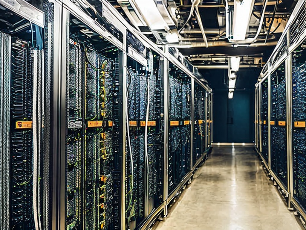 RAW photo, a close-up of a computer server room filled with intricate networking equipment and routers, dimly lit for dramatic effect, showcasing a high-tech environment, 8k uhd, high quality, realistic photo, subtle film grain, taken with a Canon EOS R