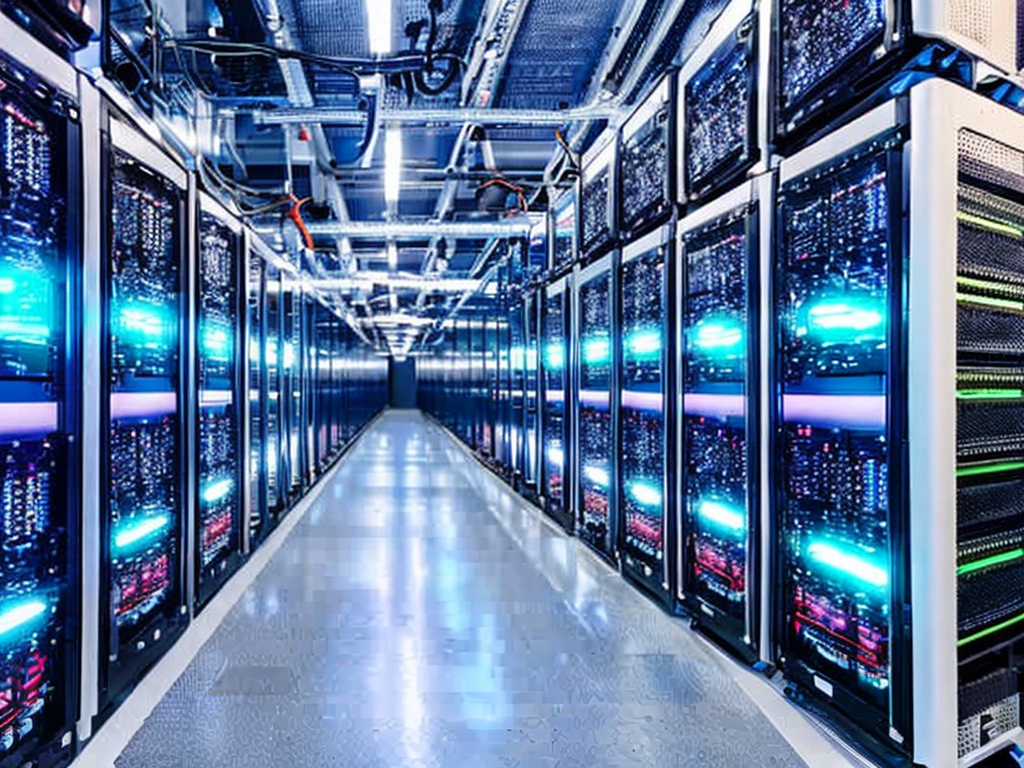 RAW photo, an overhead view of a server room with multiple Socks5 servers, blinking lights indicating activity, a blue hue from LED lights creating a cyber atmosphere, shot in high dynamic range, 8k UHD, high quality, crisp details with a slight film grain