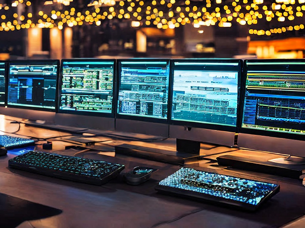 RAW photo, a futuristic setup with a laptop displaying code and network analytics, surrounded by servers and LED lights, emphasizing an environment of advanced technology and cybersecurity measures, soft dramatic lighting, 8k UHD resolution, capturing intricate details, high quality, and film grain