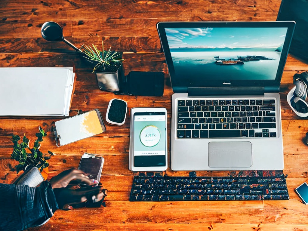 RAW photo, an office desk setting with a laptop open showing a shell interface with commands related to setting up a proxy server, surrounded by tech gadgets and accessories, well-lit environment, 8k UHD, high resolution, film grain effect with a warm tone