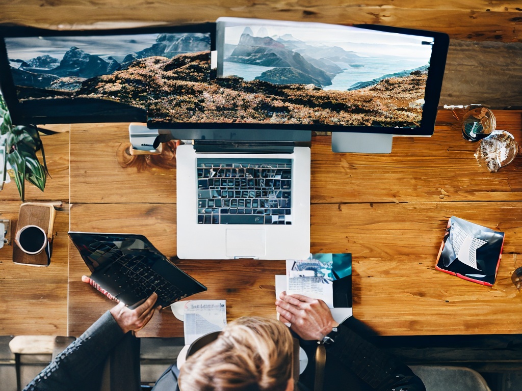 RAW photo, an overhead view of a person sitting at a desk using a laptop with the Chrome browser open, showing browsing through different websites with a proxy setting enabled, café ambiance with soft natural light, 8k UHD resolution, high-quality, film grain, capture the user interaction with technology.