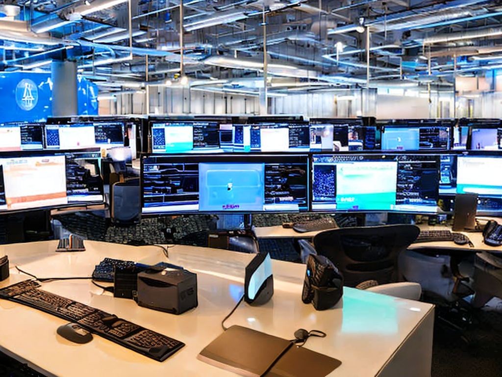 RAW photo, a high-tech desk setup with multiple monitors displaying network traffic data, conveying the use of a SOCKS5 proxy, illuminated by soft blue ambient lights, 8k UHD, high quality, realistic photo, a hint of film grain