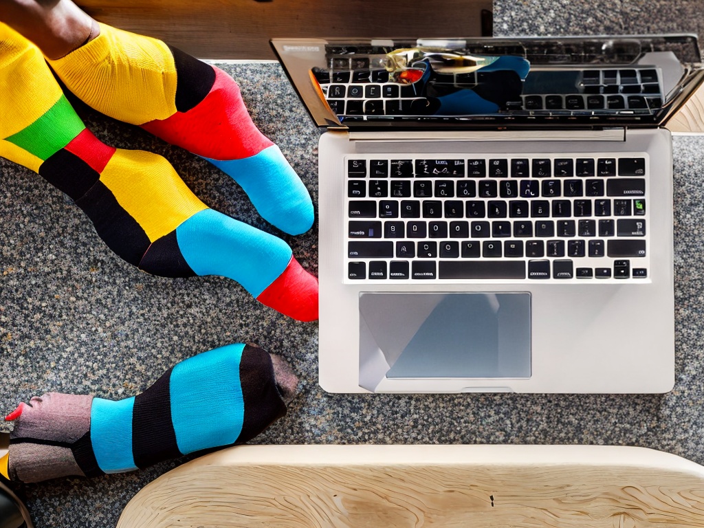 RAW photo, a creative still life composition featuring a pair of colorful socks lying beside an open laptop with digital network themes, soft ambient lighting casting gentle shadows, 8k uhd, high-quality, realistic photo, film grain, captured with a Canon EOS R