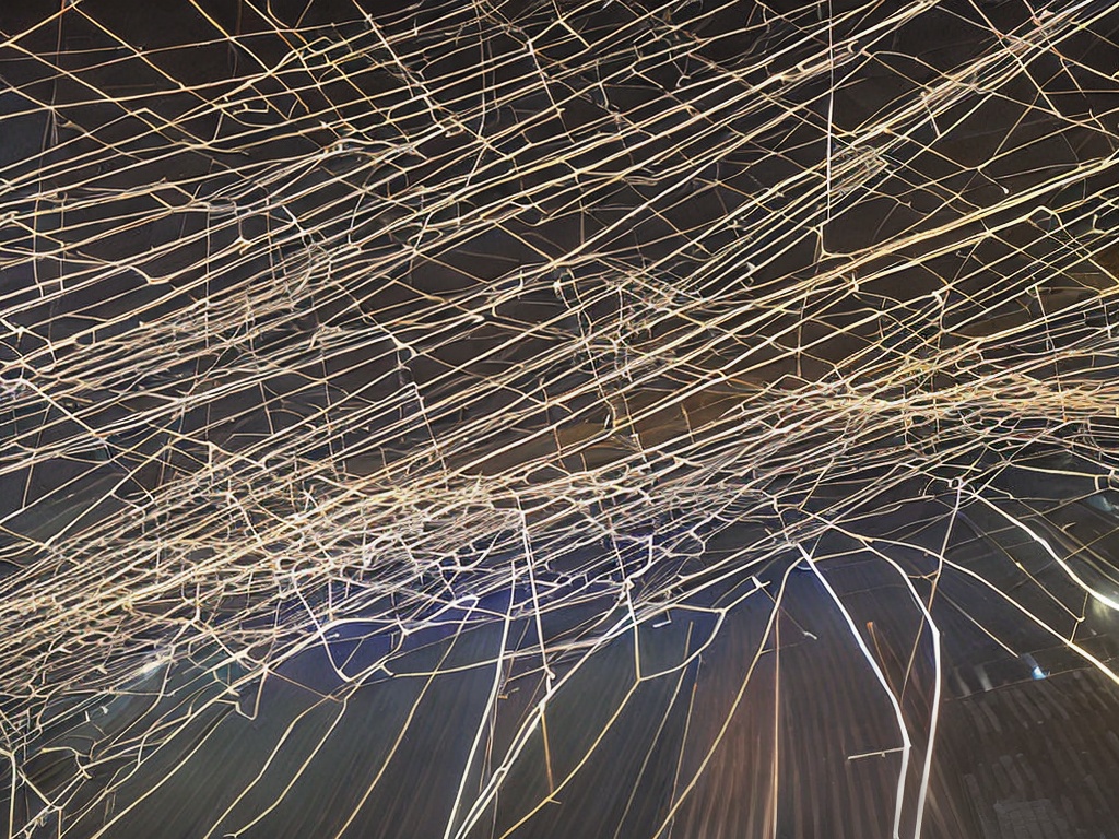 RAW photo, a visually striking representation of a data network, with glowing lines symbolizing connections and network nodes scattered throughout, dark background to enhance contrasts, high-definition details, 8k UHD quality, realistic photo, film grain effect