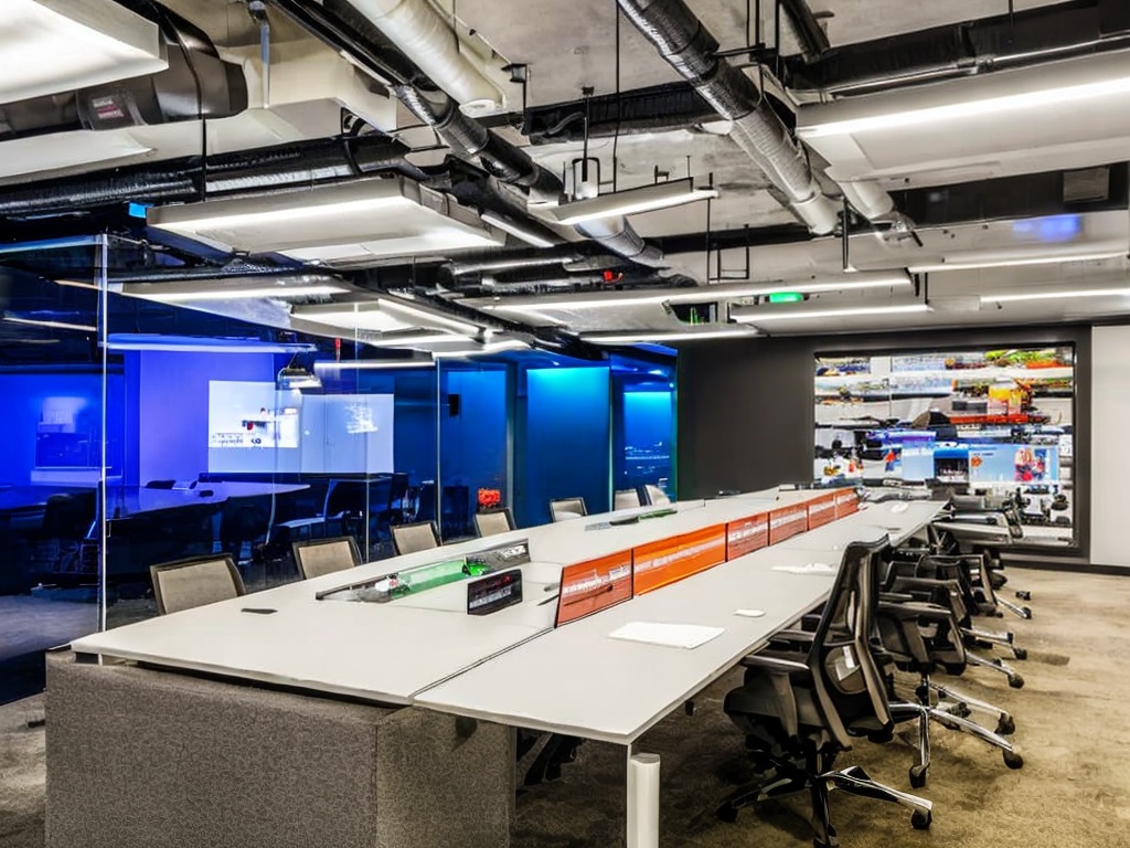 RAW photo, a sleek, high-tech workspace featuring advanced gadgets and tools for collaboration, diverse team members discussing ideas around a digital whiteboard, dynamic lighting creating a vibrant atmosphere, 8k UHD resolution, high-quality image that reflects innovation and professionalism