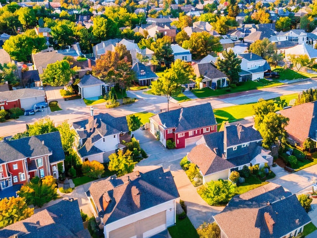 RAW photo, an overhead view of a typical American neighborhood featuring static residential houses lined along a peaceful street, with unique architectural styles and greenery, shot during golden hour for warm lighting, 8k UHD resolution