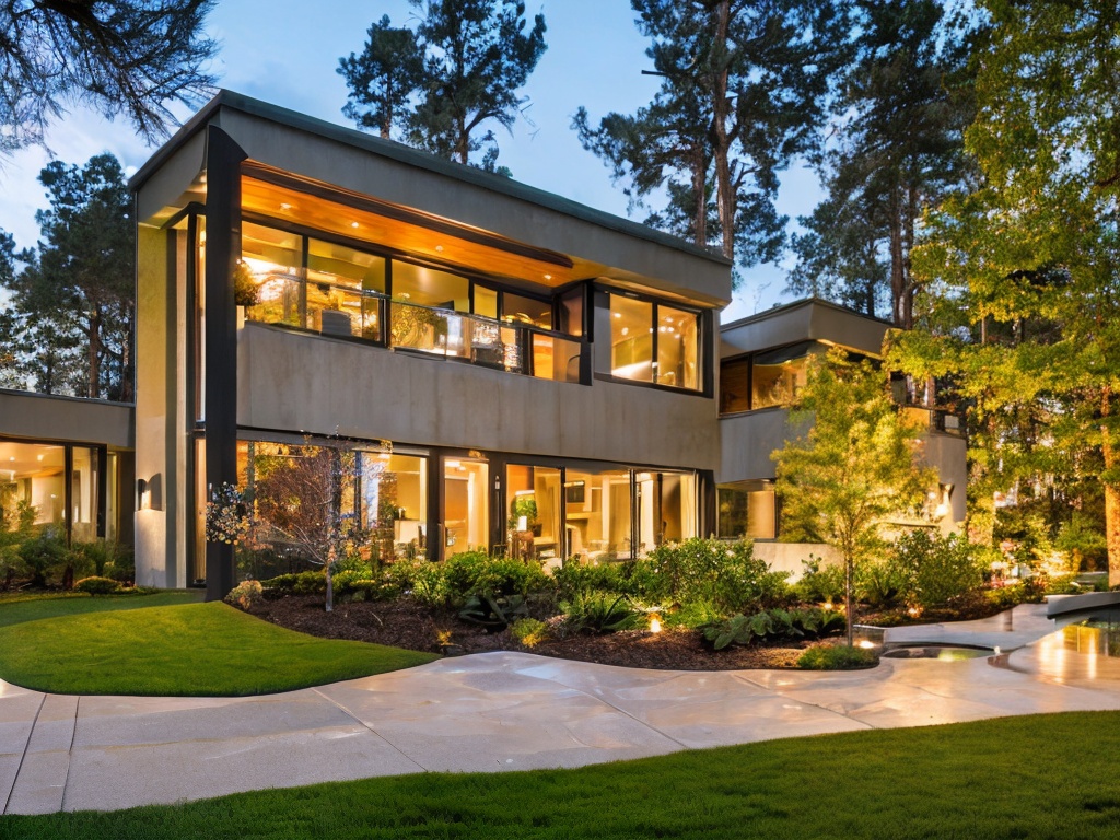 RAW photo, an architectural masterpiece of a contemporary American home, highlighting open spaces and large glass windows, surrounded by lush greenery, shot during the golden hour for warm soft lighting, 8k uhd, high resolution, film grain