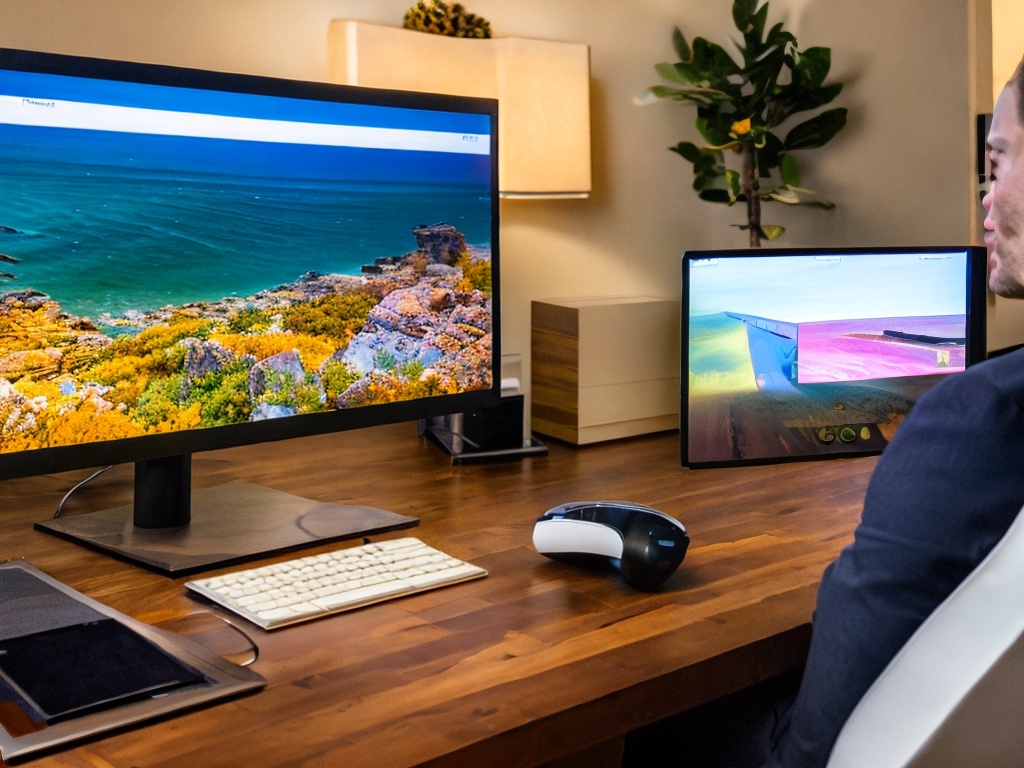 RAW photo, an engaged user in front of a dual monitor setup, one displaying network configurations for dynamic IP management, home office ambiance with warm lighting, 8k UHD, high resolution, showcasing modern tech solutions and user interaction