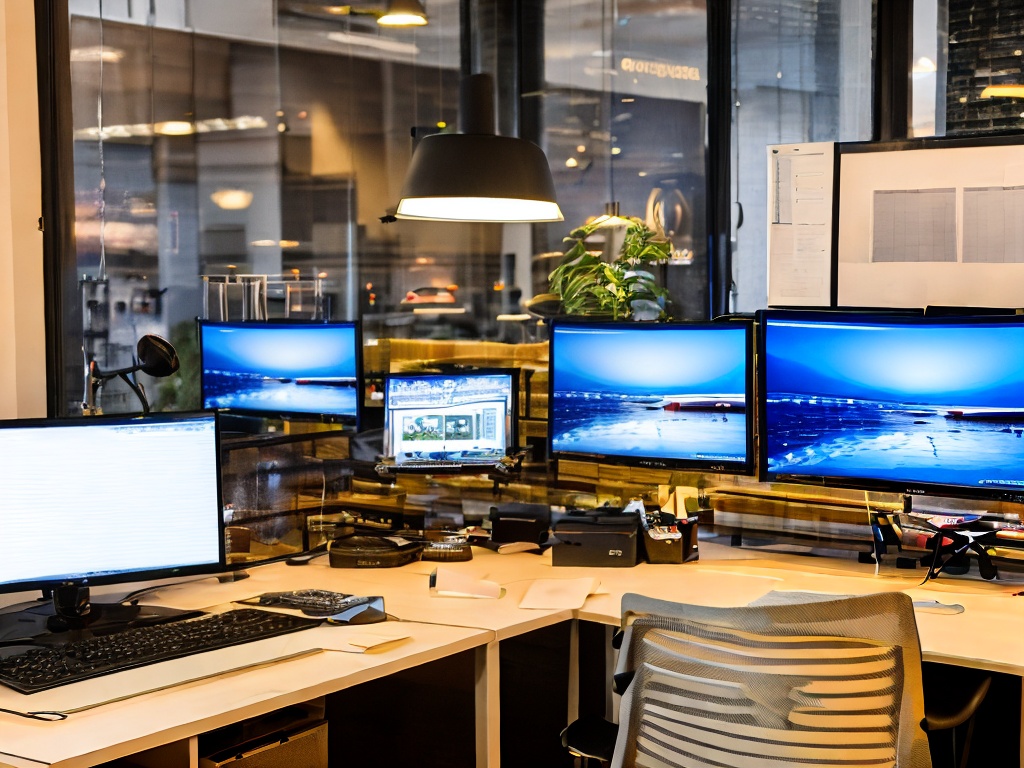 RAW photo, an office setup showing a computer running dynamic IP software with network cables and gadgets around, soft ambient lighting, 8k UHD, realistic details, film grain for a professional tech ambiance.