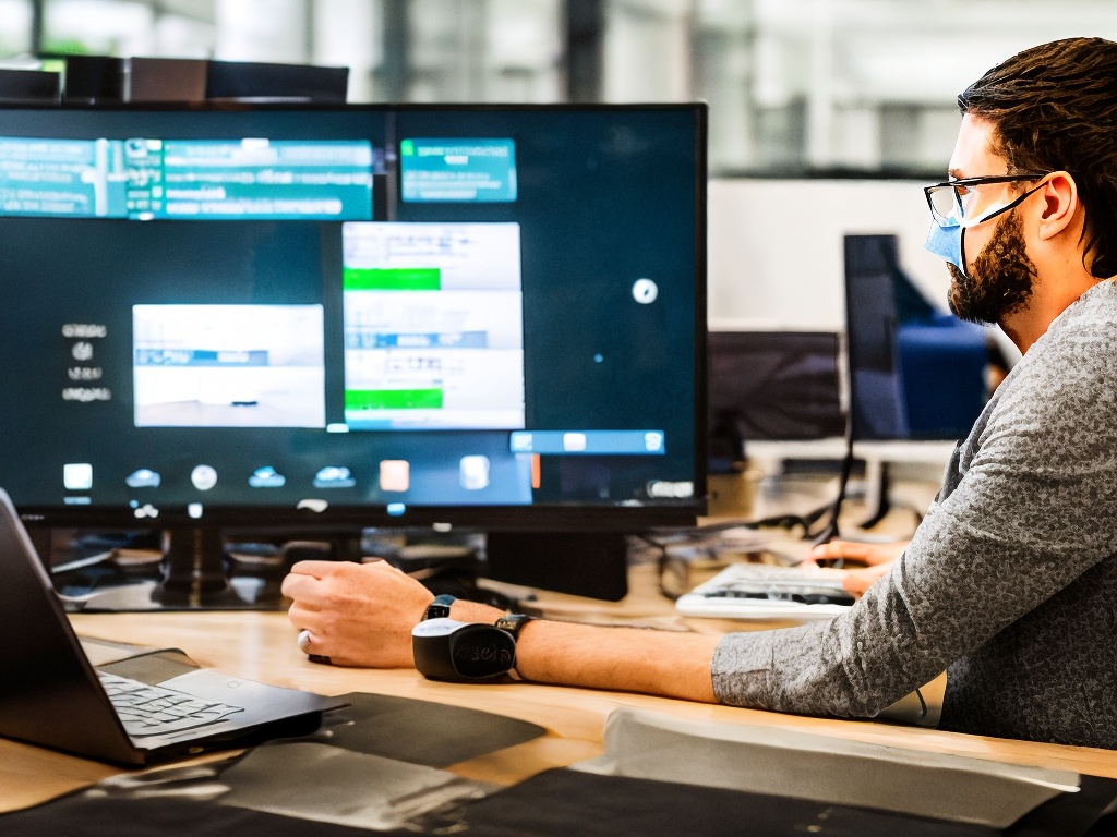 RAW photo, a programmer in a modern office setting, focused on writing OkHttp proxy settings, featuring a dual monitor setup with code snippets visible, ambient lighting, 8k UHD resolution, rich colors and high quality, capturing a moment of concentration and creativity