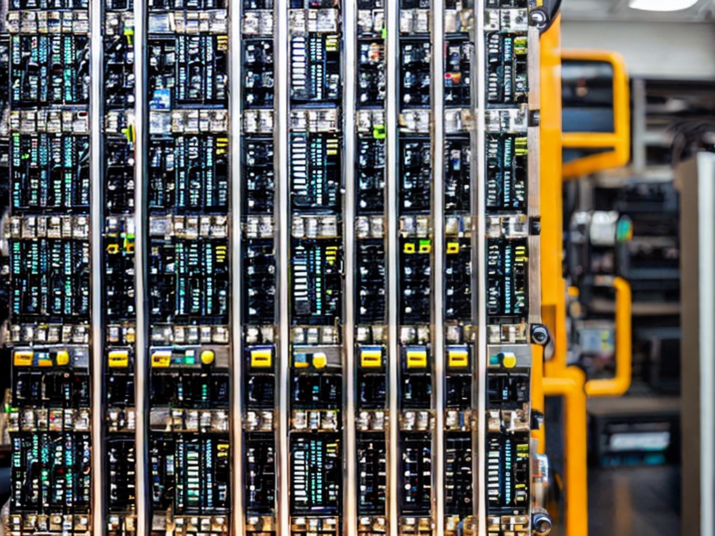 RAW photo, a close-up shot of a network server rack with multiple blinking lights and cables connected, indicating data traffic and connectivity, 8k UHD resolution, high quality, industrial look, subtle film grain