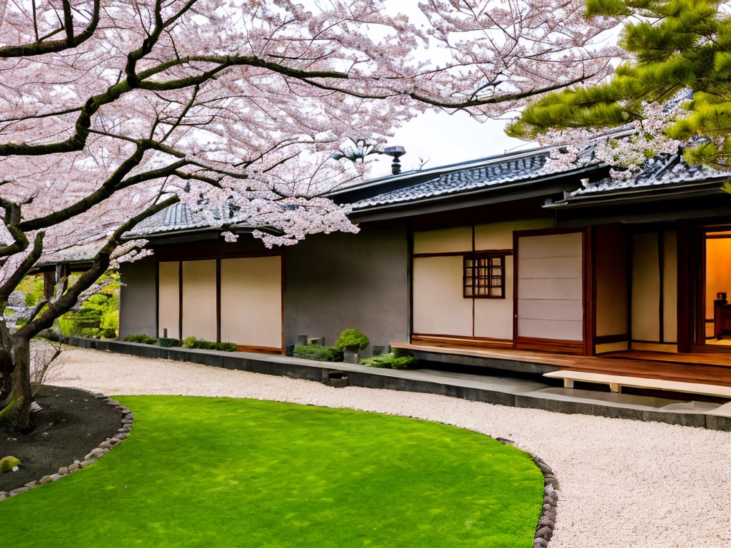 RAW photo, an elegant Japanese traditional house surrounded by serene gardens, featuring sliding doors and tatami mats visible, with cherry blossoms in bloom, soft natural light filtering through, 8k UHD resolution, high-quality imagery