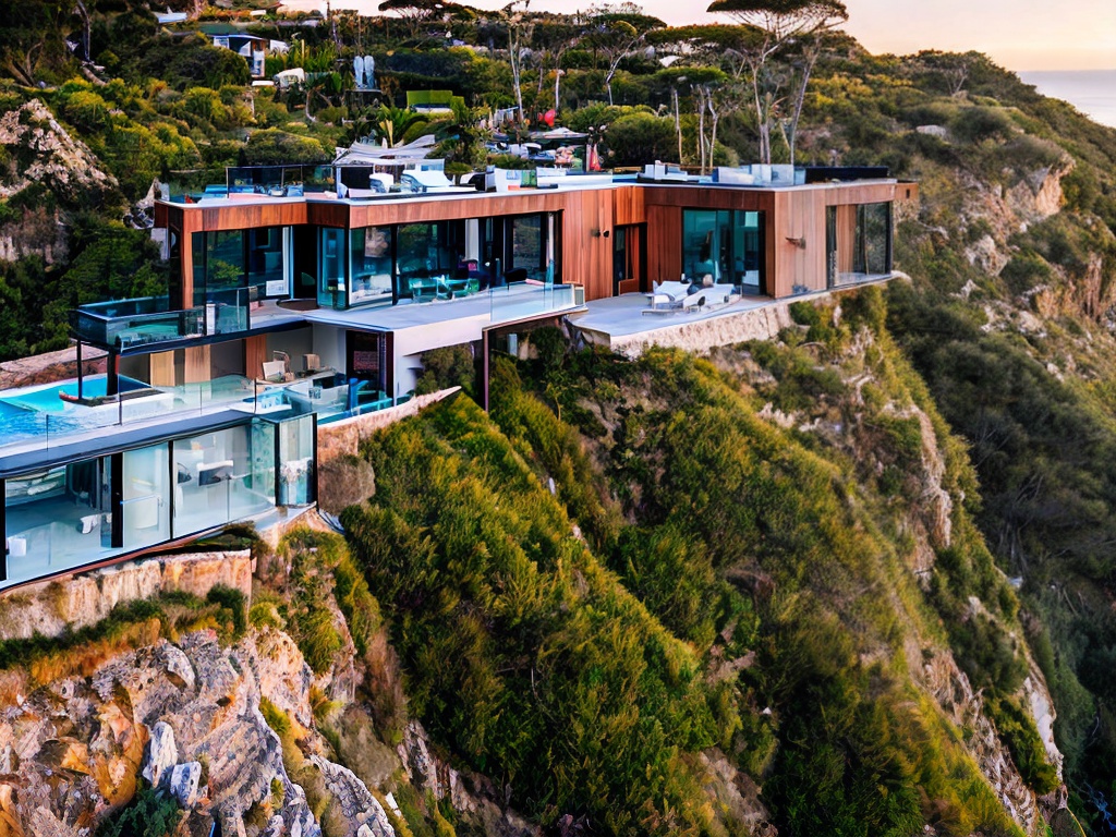 RAW photo, a stunning modern overseas house perched on a coastal cliff, blending seamlessly with the natural landscape, large glass windows reflecting the ocean, soft sunset lighting, 8k uhd, high-quality, realistic photo, Fujifilm XT4