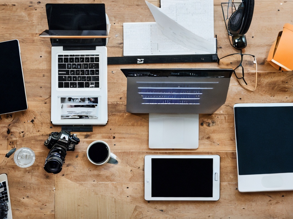 RAW photo, an overhead shot of a desk cluttered with digital tools like a laptop, smartphone, and notepad showing handwritten keywords, natural light streaming in, 8k UHD resolution, capturing a vivid and detailed image with a high-quality DSLR camera