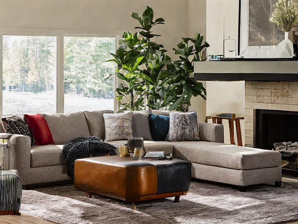 RAW photo, interior view of a cozy American living room inside a static home, highlighting modern furnishings and warm decor, with large windows letting in soft sunlight, 8k UHD resolution, high-quality imagery, subtle film grain, taken with a Nikon Z6