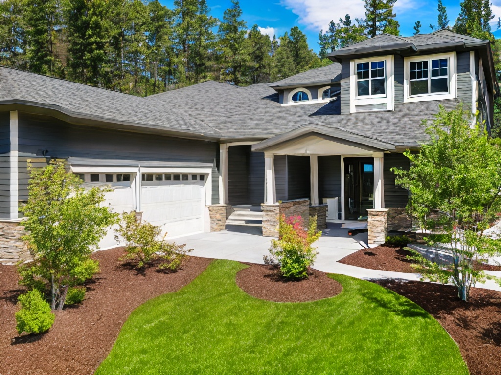 RAW photo, an artistic view of a contemporary American home featuring unique geometric designs, open spaces, and harmonious integration with the surrounding landscape, bright afternoon light, 8k UHD resolution, high detail, realistic texture, using a Nikon Z7 II