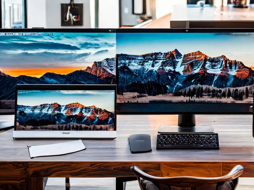 RAW photo, a modern home office setup featuring a sleek computer workstation with multiple screens displaying IP address configurations, ambient lighting, 8k uhd, high quality, realistic photo, subtle film grain, Fujifilm XT3