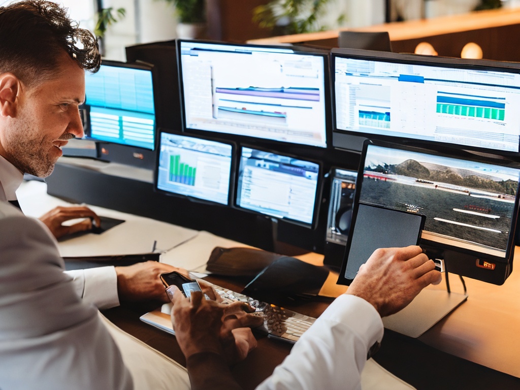 RAW photo, a professional-looking broker sitting at a desk with multiple screens displaying stock and investment graphs, showcasing a sense of trust and expertise, soft lighting, 8k UHD, high quality, realistic photo, subtle film grain, Canon EOS R5