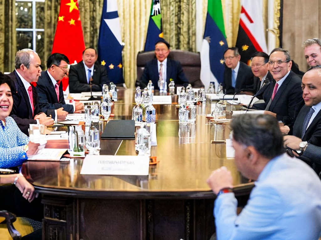 RAW photo, an executive meeting at an overseas agency, with a diverse team gathered around a conference table discussing global opportunities, world flags in the background, ambient lighting creating a professional atmosphere, 8k UHD, high resolution, capturing a detailed image with a high-quality DSLR camera