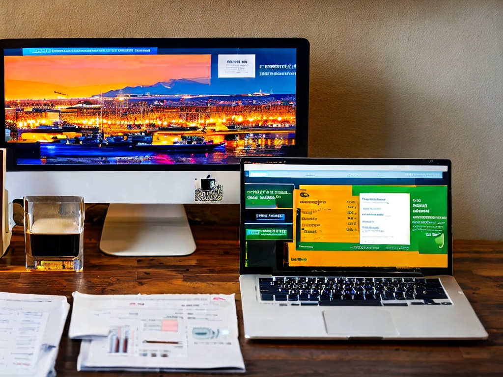 RAW photo, a desktop setup with a computer screen displaying graphs and pricing for overseas proxy services, high quality, warm ambient lighting, 8k UHD, emphasizing a professional atmosphere with details of a financial analysis