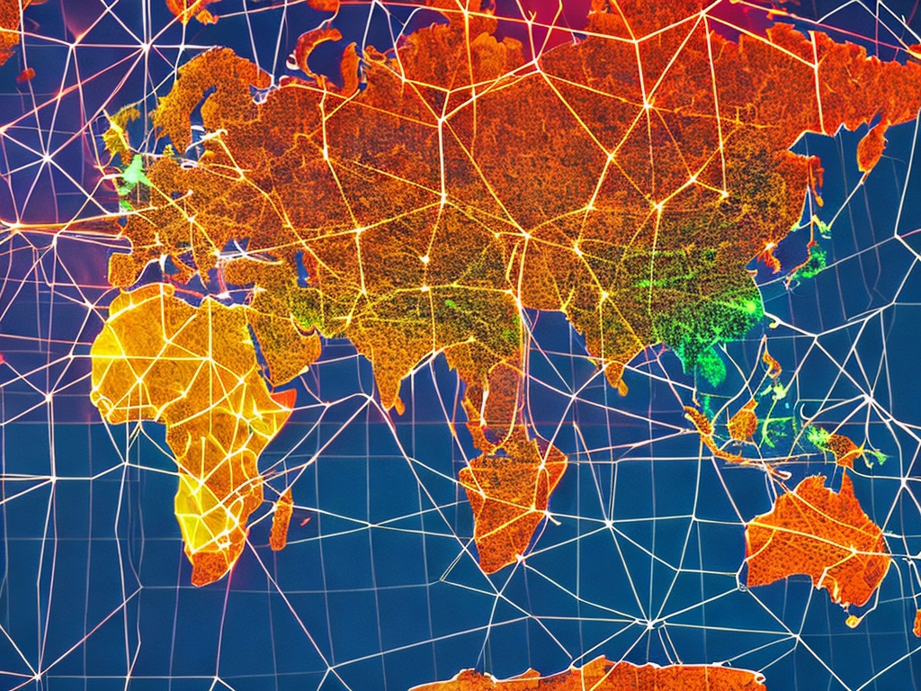 RAW photo, an abstract representation of a digital network, illustrating a global map with animated lines connecting various overseas locations, soft neon lighting, high quality, 8k uhd, with a focus on technology and connectivity.
