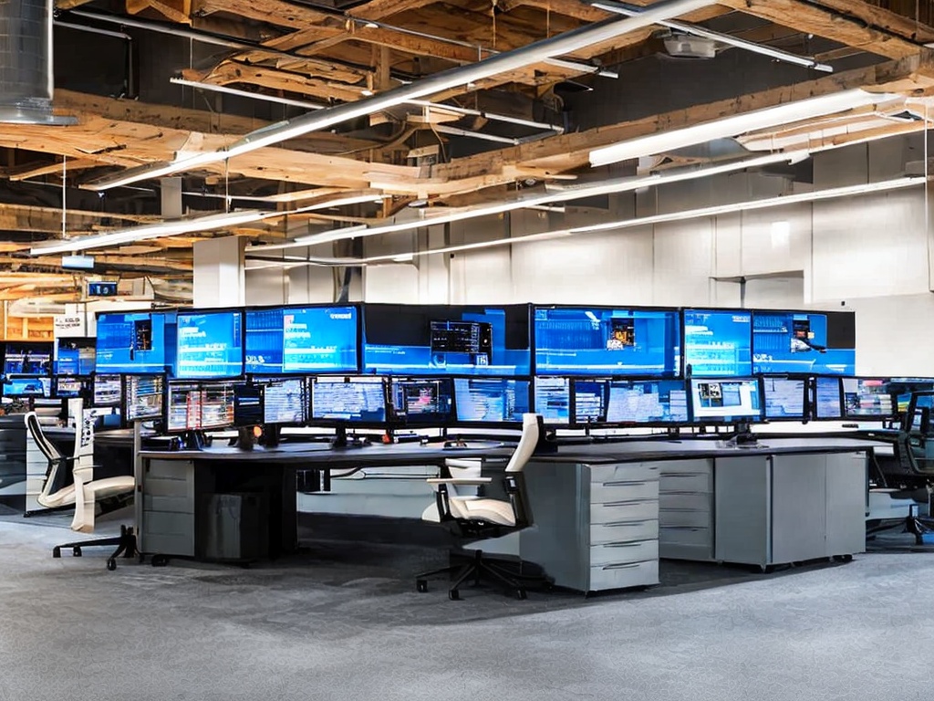 RAW photo, a modern workspace setup featuring multiple screens displaying code and network configurations, soft blue lighting, 8k uhd, high-quality, realistic photo, subtle film grain, Fujifilm XT3