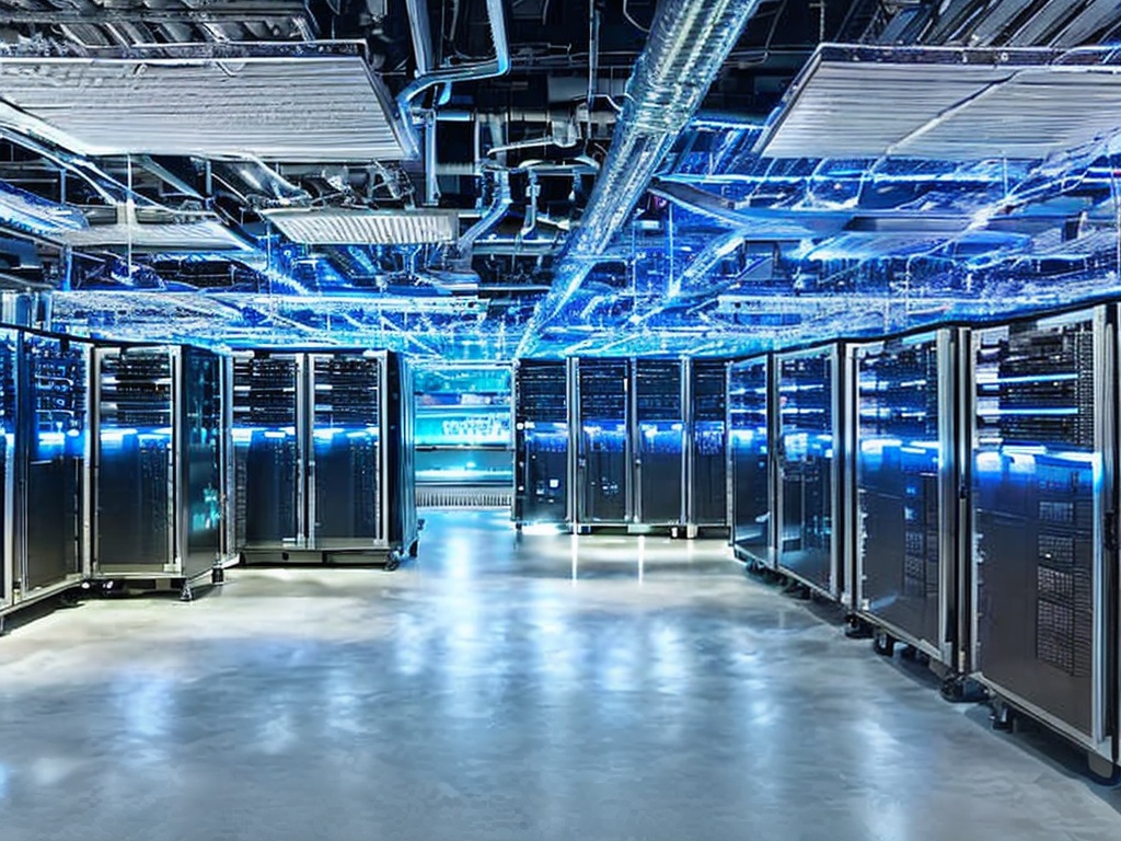RAW photo, a high-tech server room filled with networking equipment and servers, showcasing advanced technology for IP services and proxy solutions, soft blue lighting creating a futuristic atmosphere, 8k UHD resolution, high quality, realistic photo, Fujifilm XT4