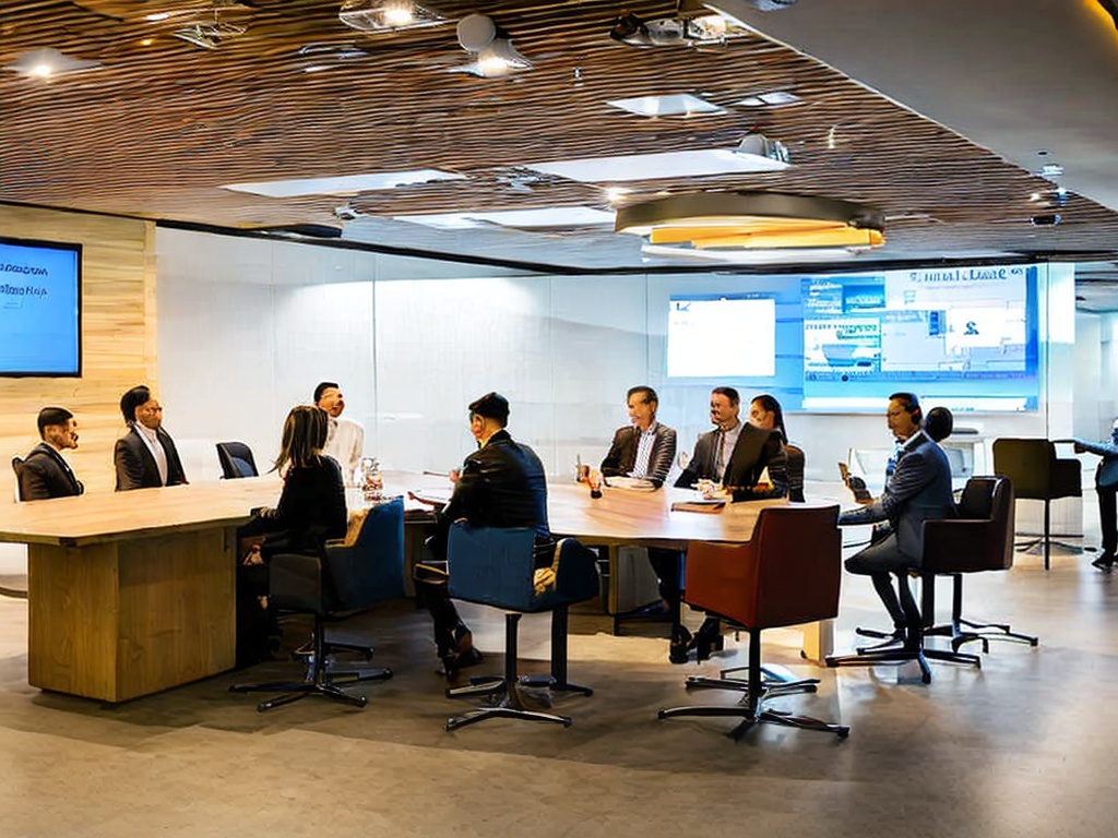 RAW photo, a business meeting room with a diverse group of professionals discussing strategies for utilizing overseas proxy IP services, whiteboards filled with diagrams and data, warm and inviting lighting, captured in 8k UHD, high resolution, creating a professional atmosphere.