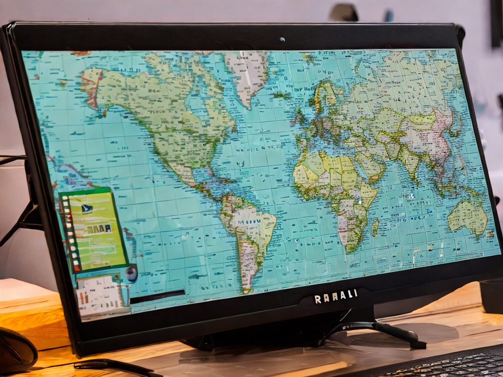 RAW photo, a close-up of a computer screen displaying a digital map with proxy IP locations highlighted, modern workspace setting, soft lighting, 8k uhd, high quality, realistic photo, film grain, Fujifilm XT3